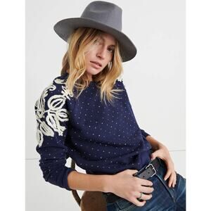 Lucky Brand Cotton Chenille Polka Dot Sweatshirt S Floral Applique Cozy Pullover